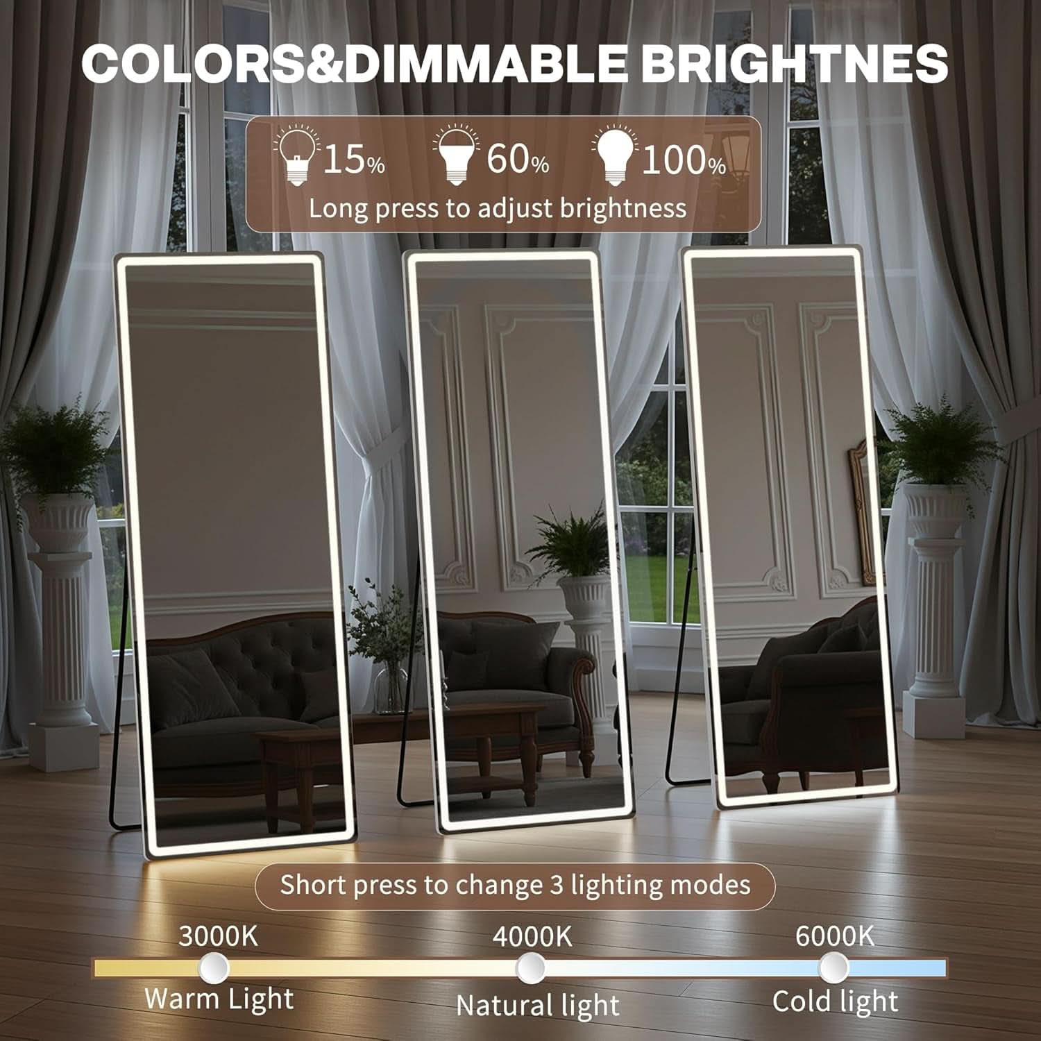 64 Inch Full Length Mirror With LED Lights Aluminum Frame 3 Color Temperatures