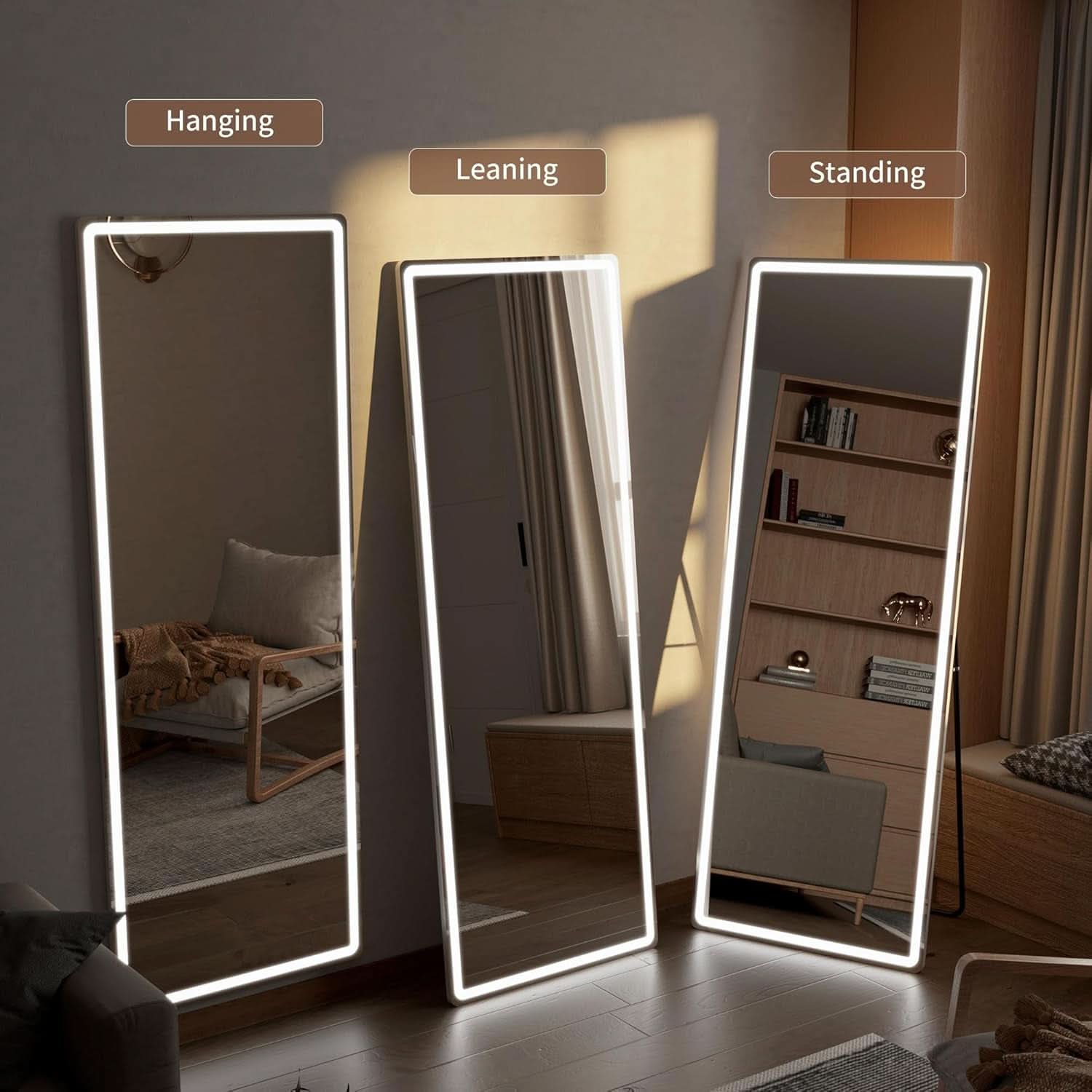 64 Inch Full Length Mirror With LED Lights Aluminum Frame 3 Color Temperatures