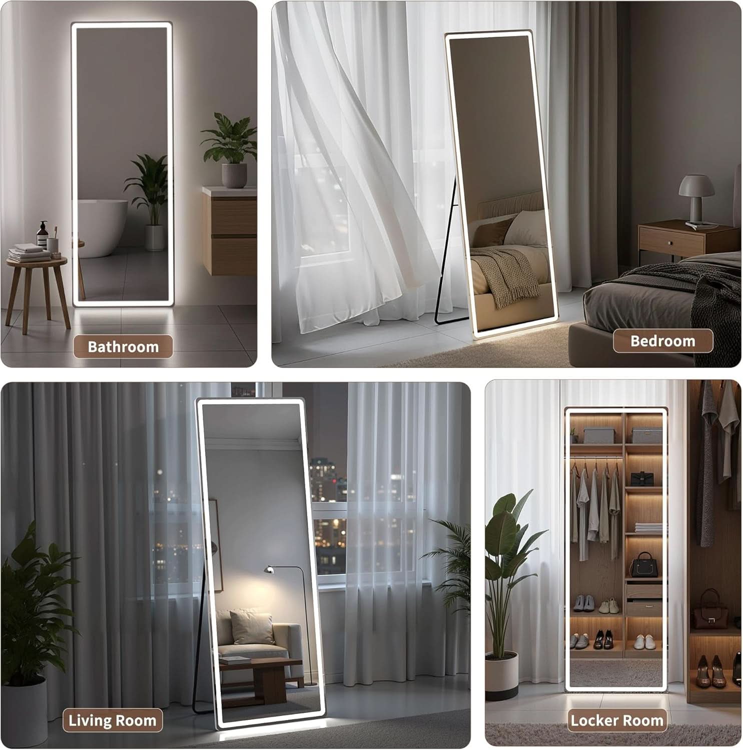64 Inch Full Length Mirror With LED Lights Aluminum Frame 3 Color Temperatures