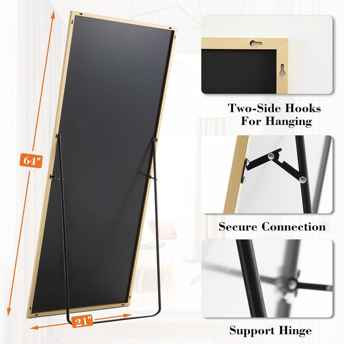 64 Inch Full Length Mirror With Stand Gold Modern Frame