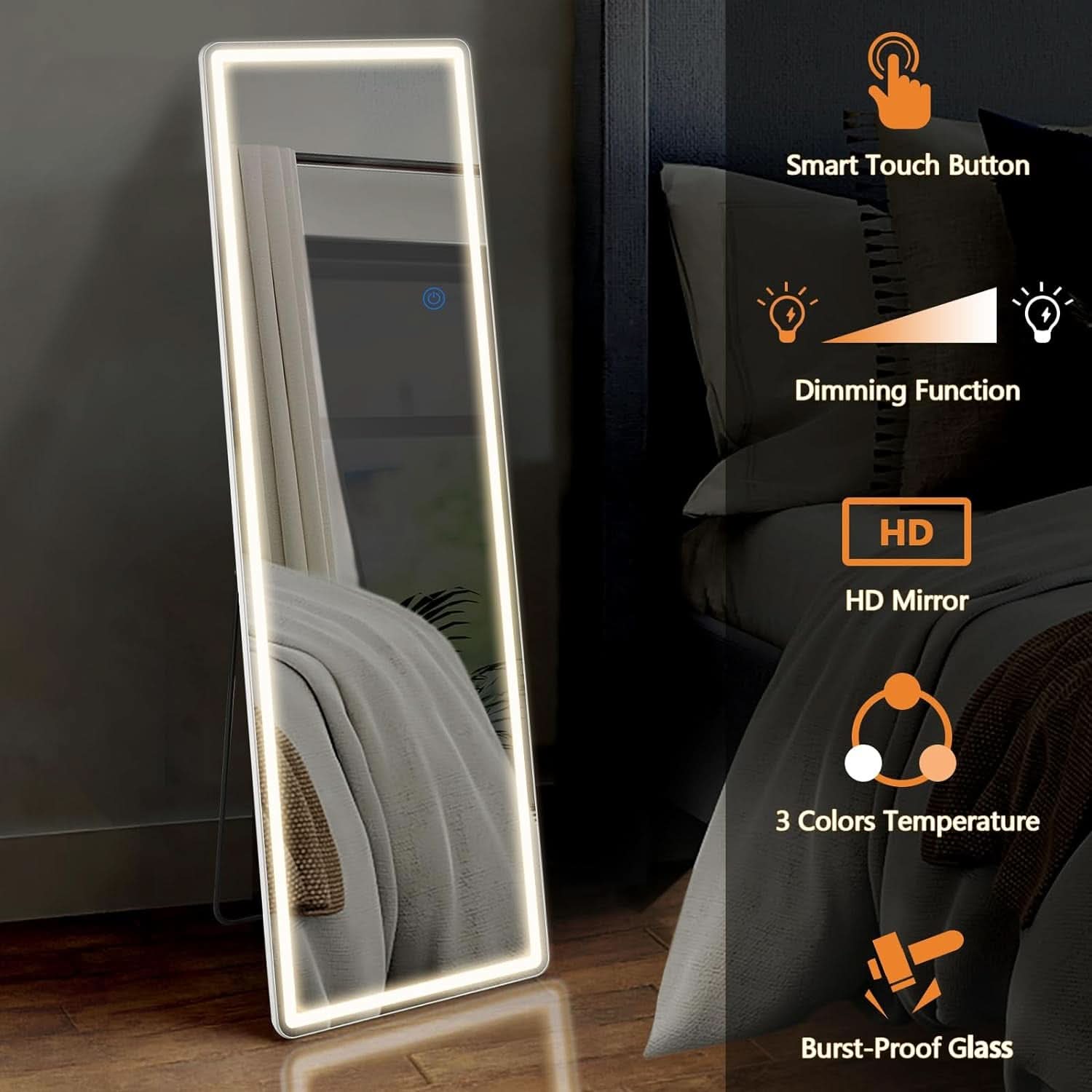 64 Inch LED Lighted Full Length Floor Mirror White Frame