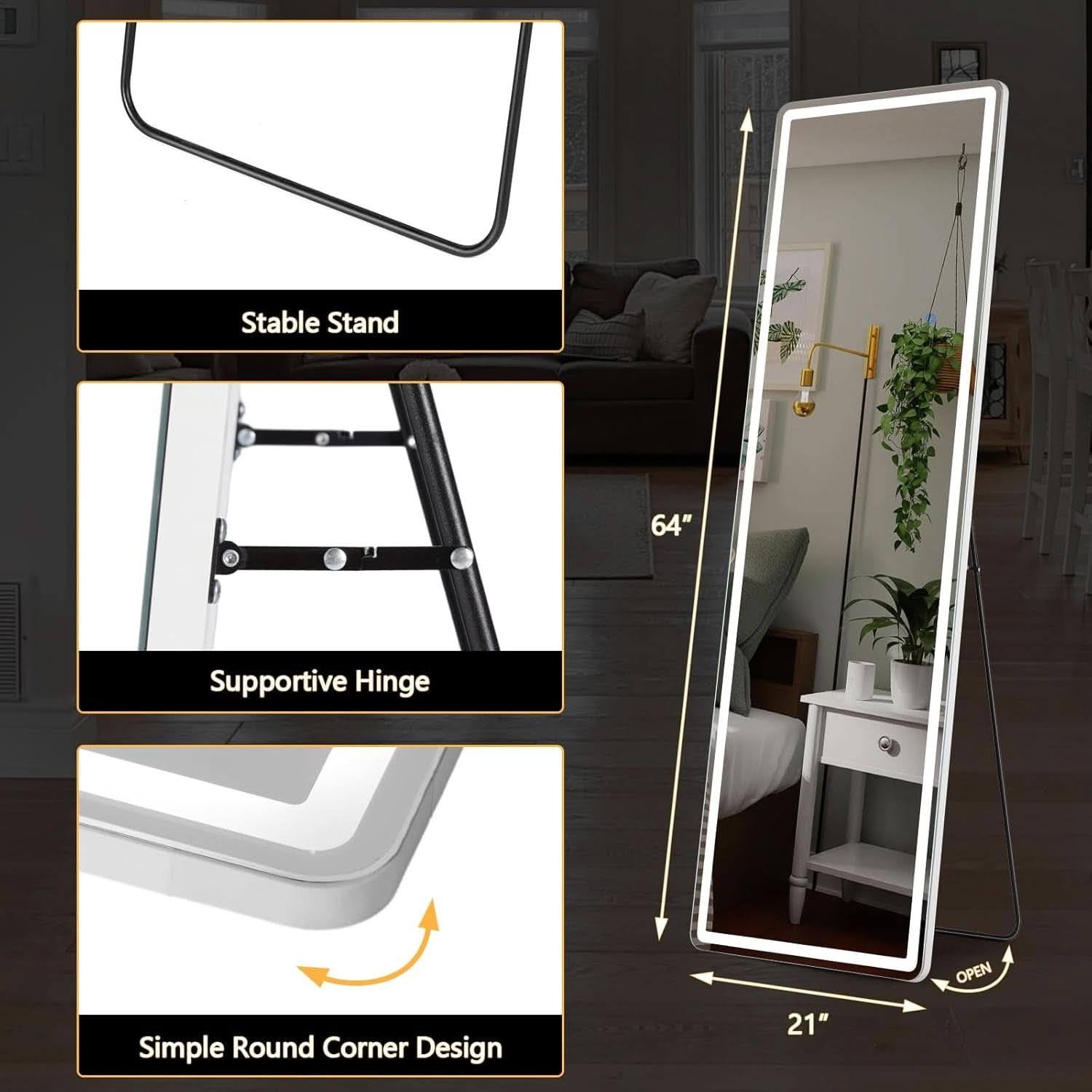 64 Inch LED Lighted Full Length Floor Mirror White Frame