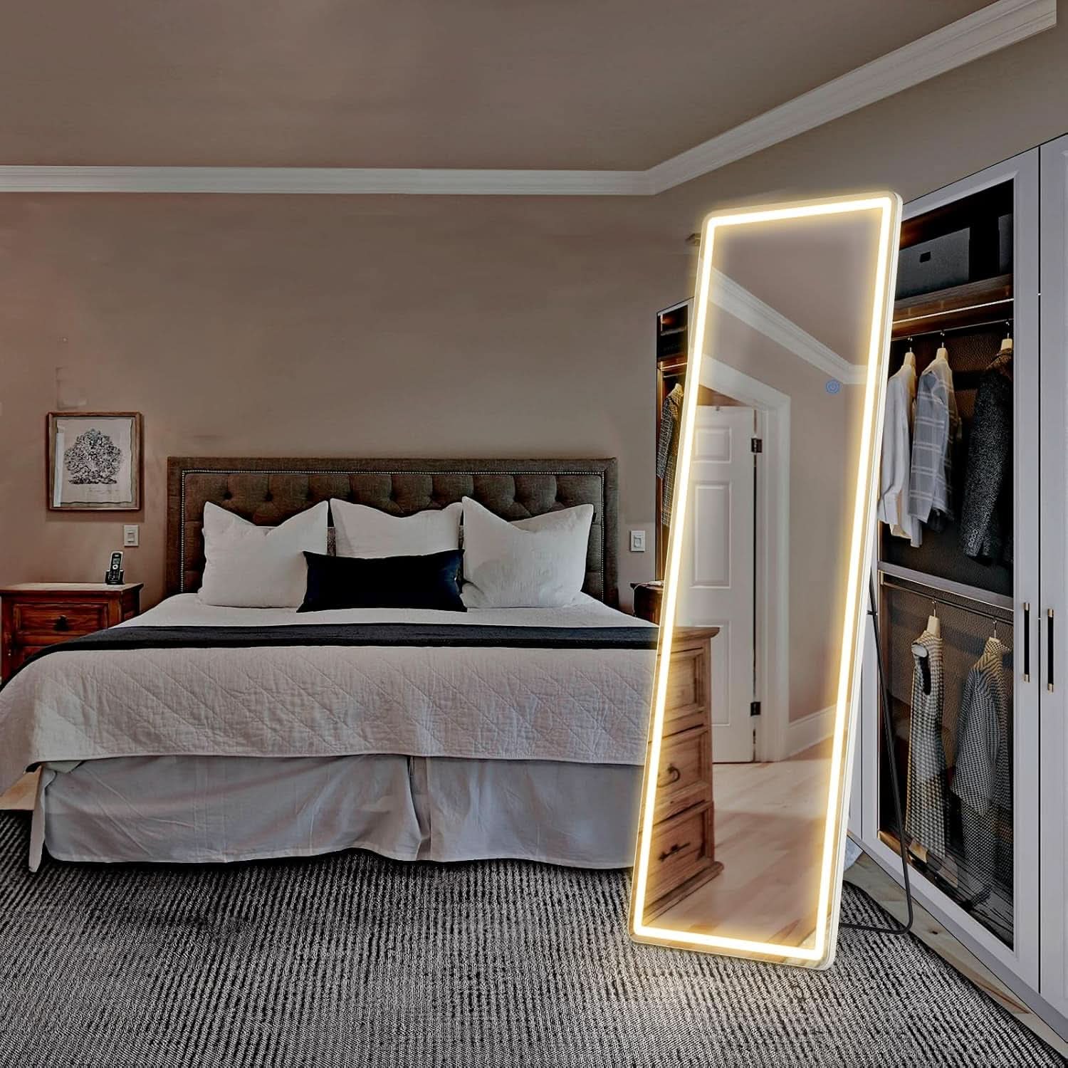 64 Inch LED Lighted Full Length Floor Mirror White Frame