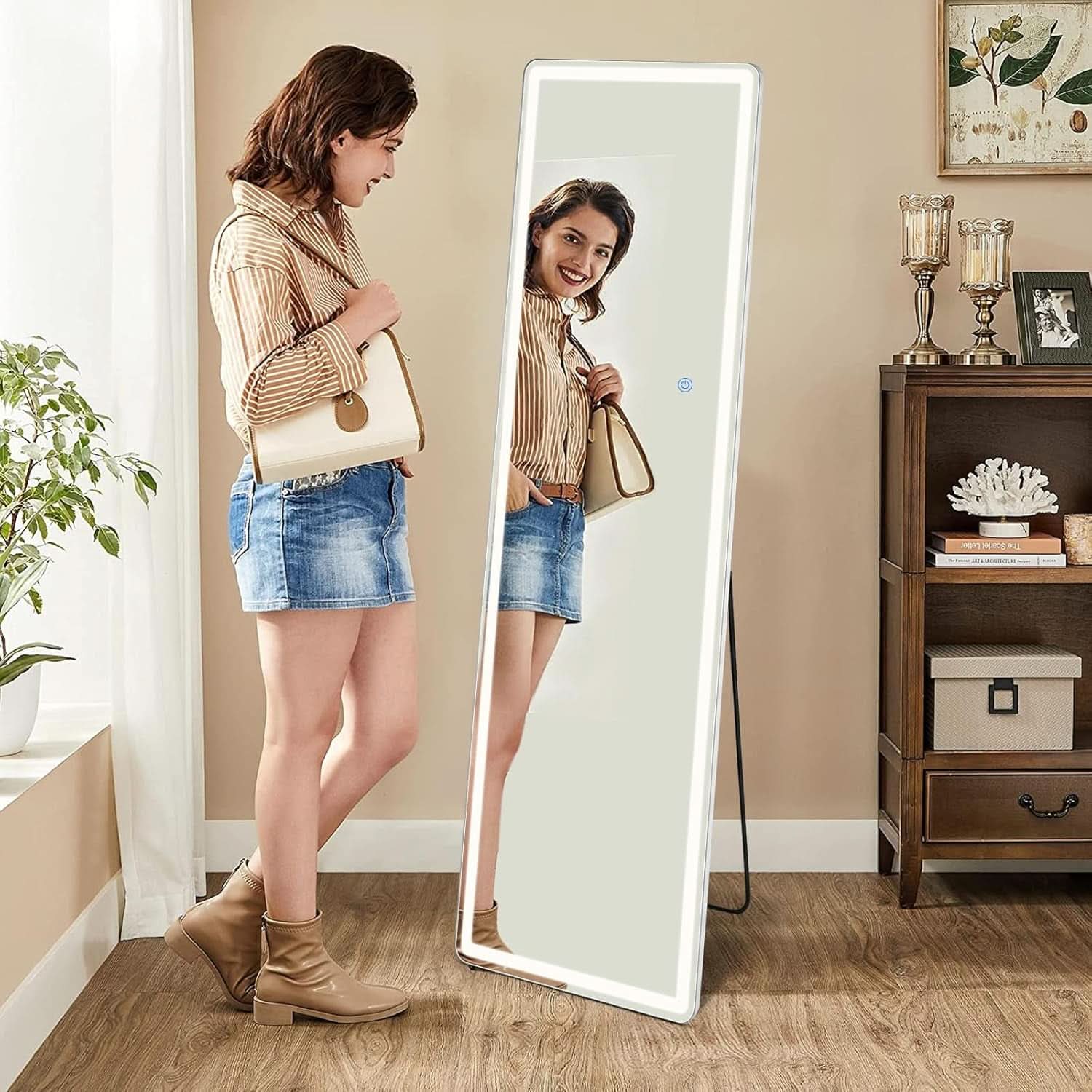 64 Inch LED Lighted Full Length Floor Mirror White Frame