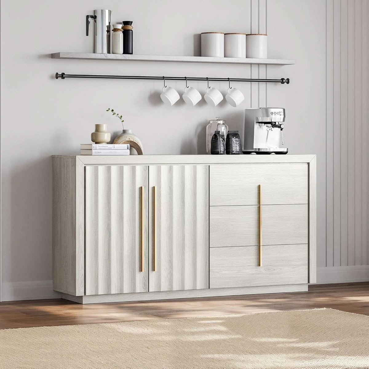 64 Inch Modern Industrial Sideboard Cabinet White Sand