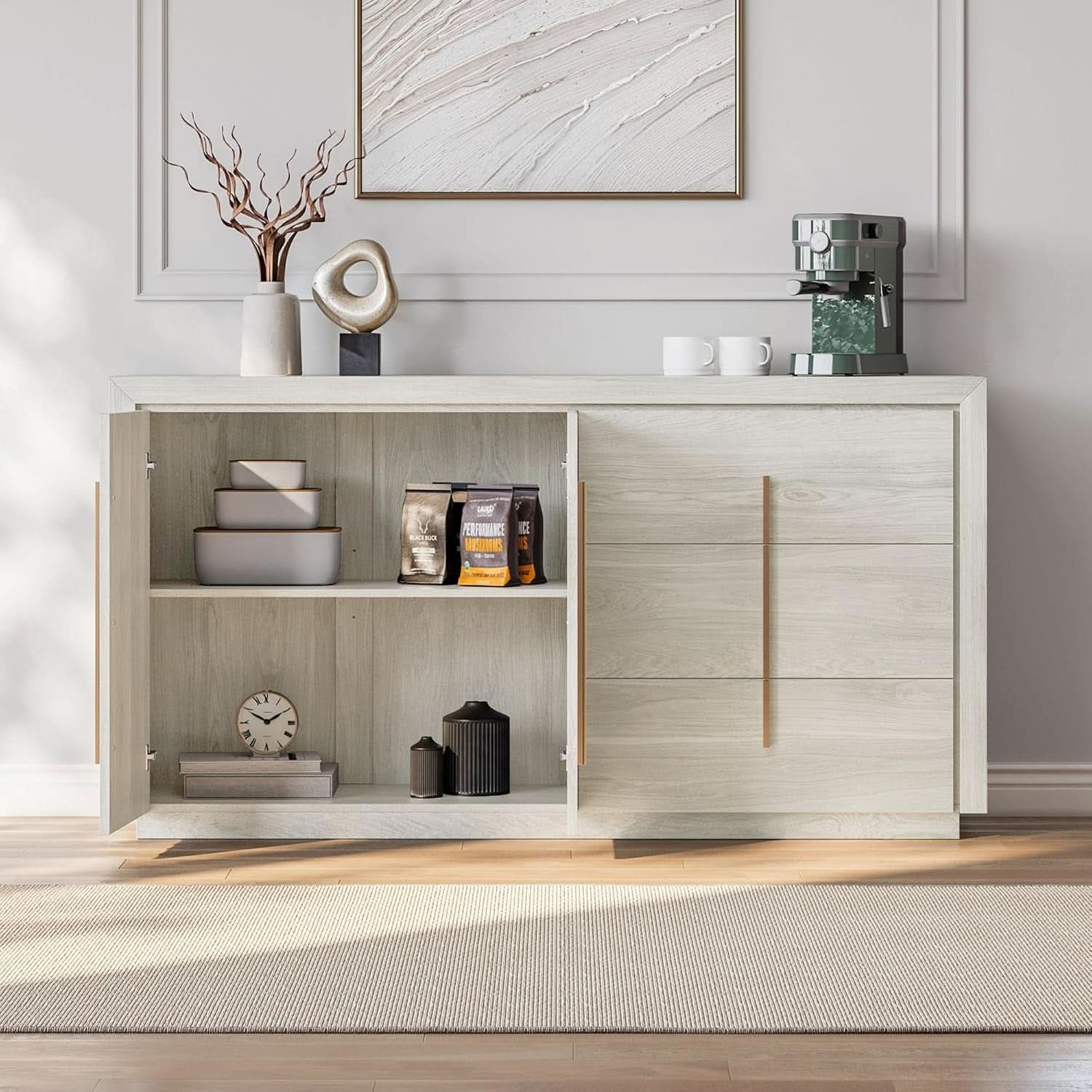 64 Inch Modern Industrial Sideboard Cabinet White Sand