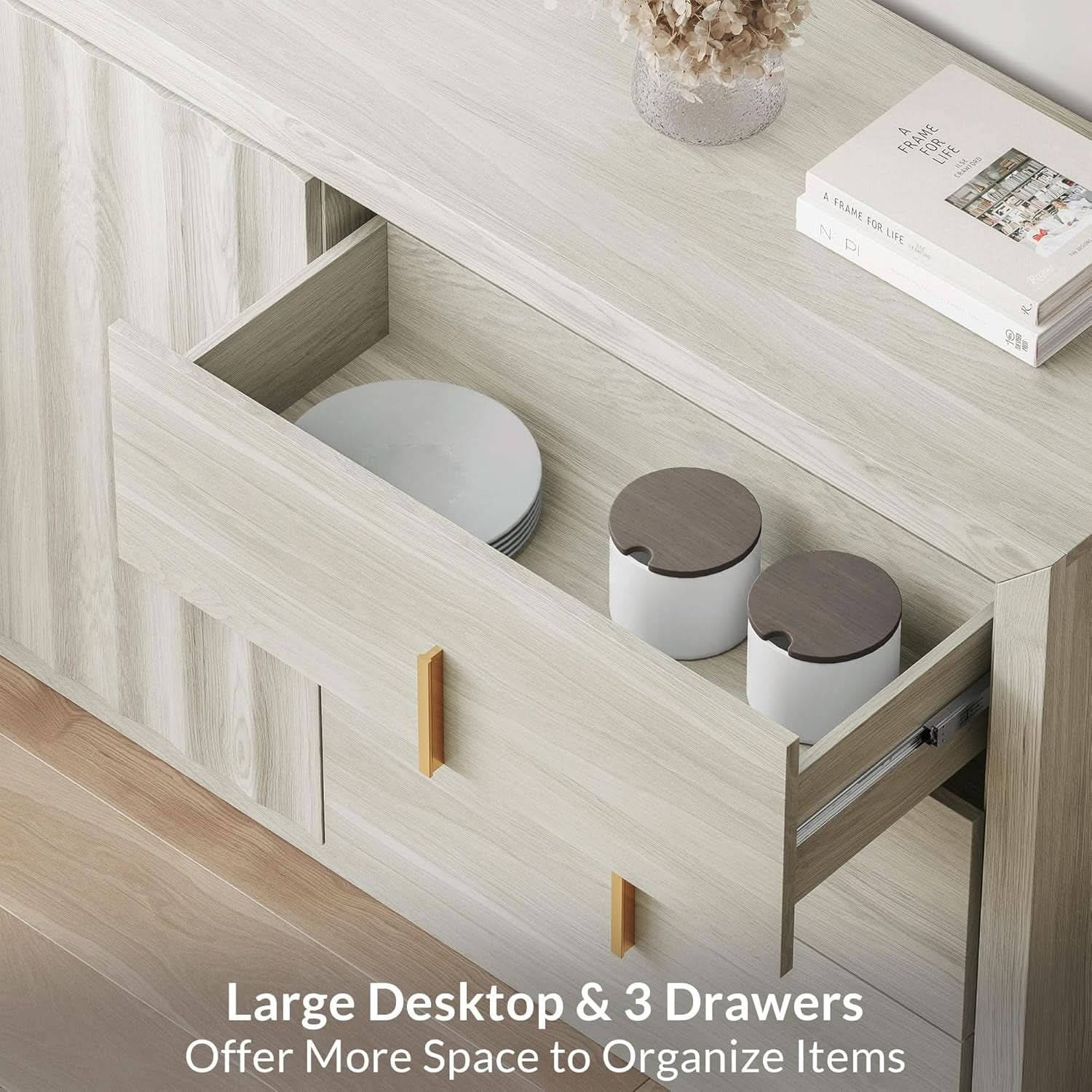 64 Inch Modern Industrial Sideboard Cabinet White Sand