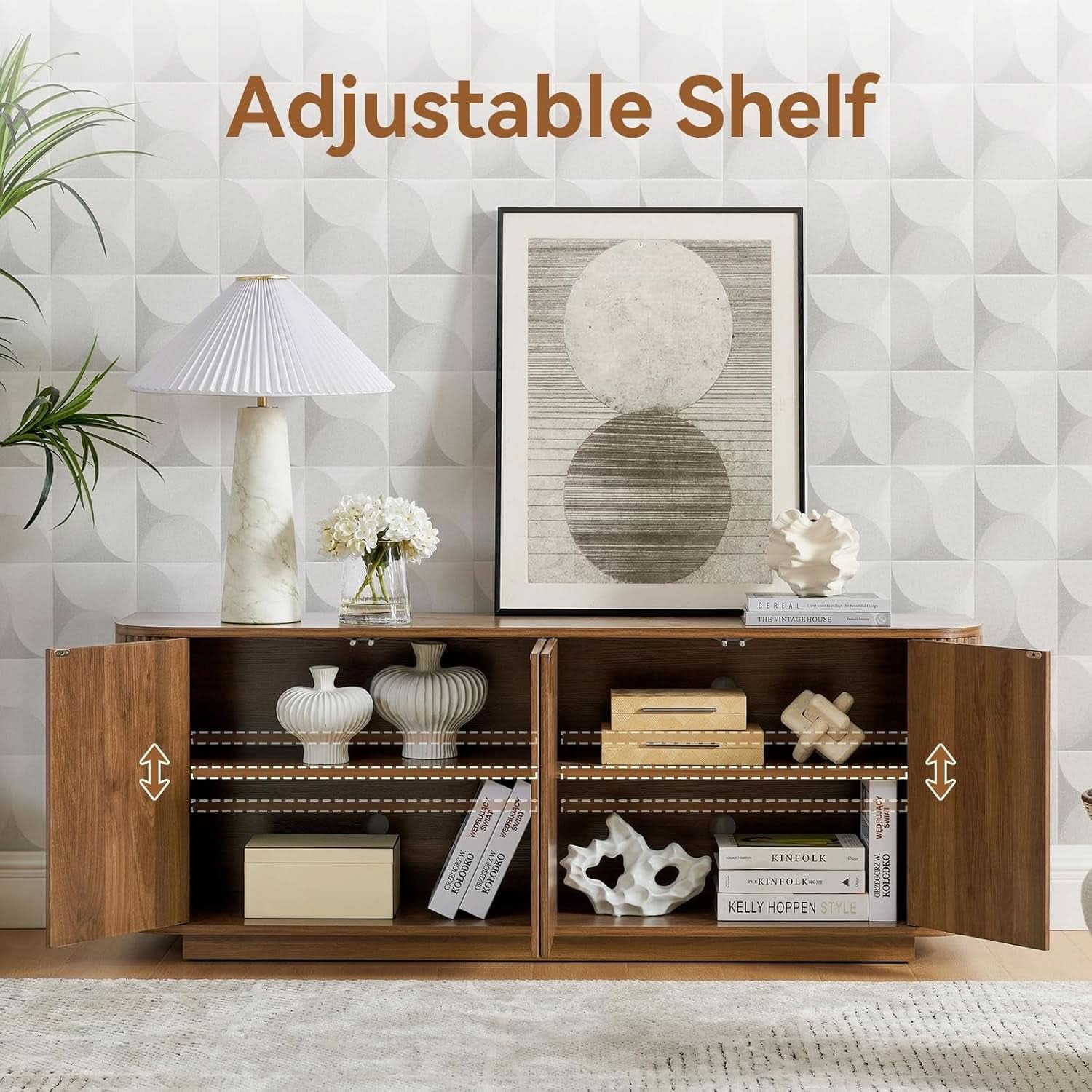 64 Inch Walnut Contemporary Buffet Sideboard Cabinet