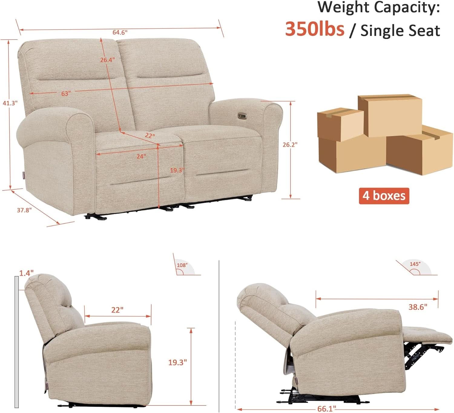 64.6 Inch Wall Hugging Auto Power Recline Loveseat