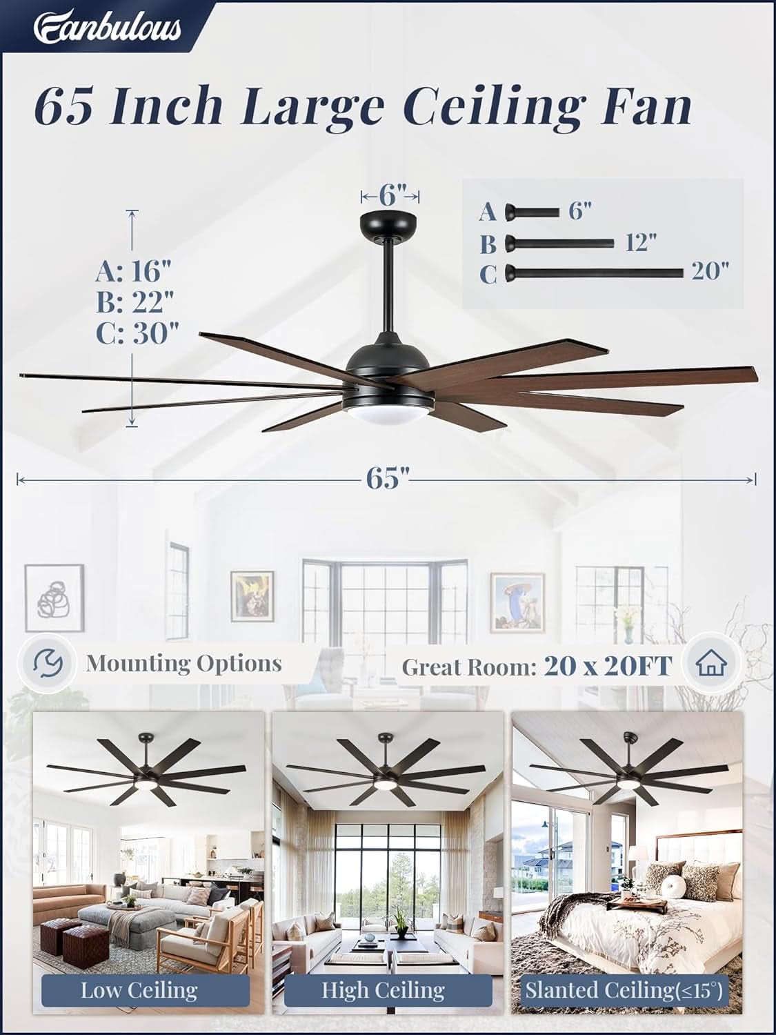 65 Inch Ceiling Fan With Lights Remote Black Indoor Outdoor