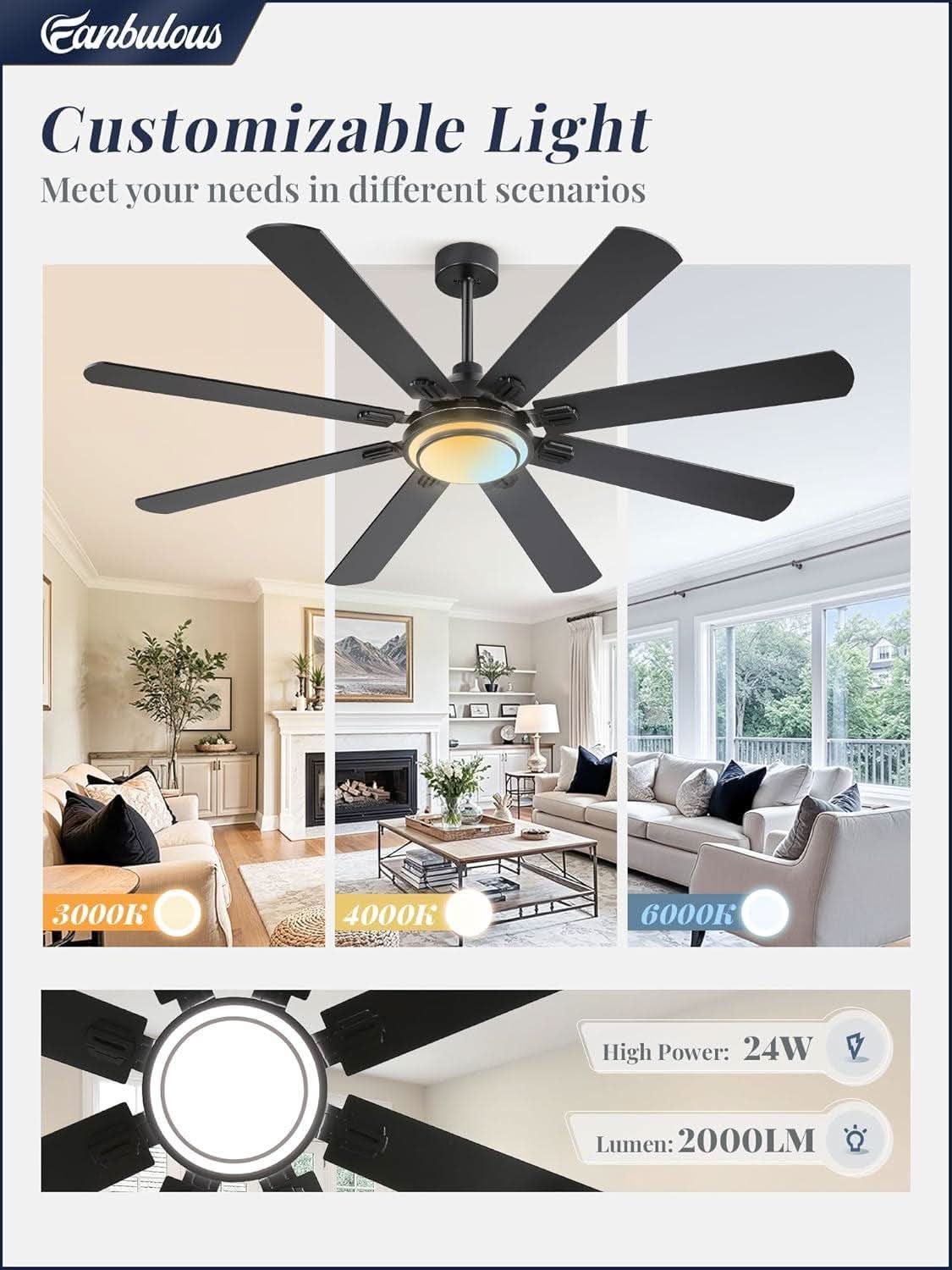 65 Inch Ceiling Fan With Remote And Dimmable LED Lights