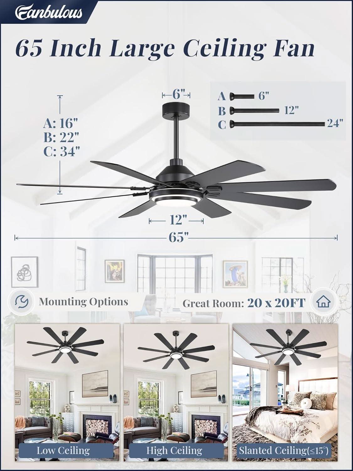 65 Inch Ceiling Fan With Remote And Dimmable LED Lights