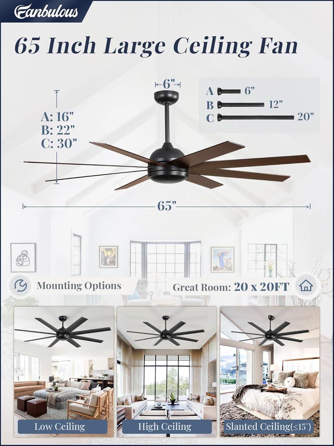 65 Inch Ceiling Fan With Remote Control No Light Indoor Outdoor