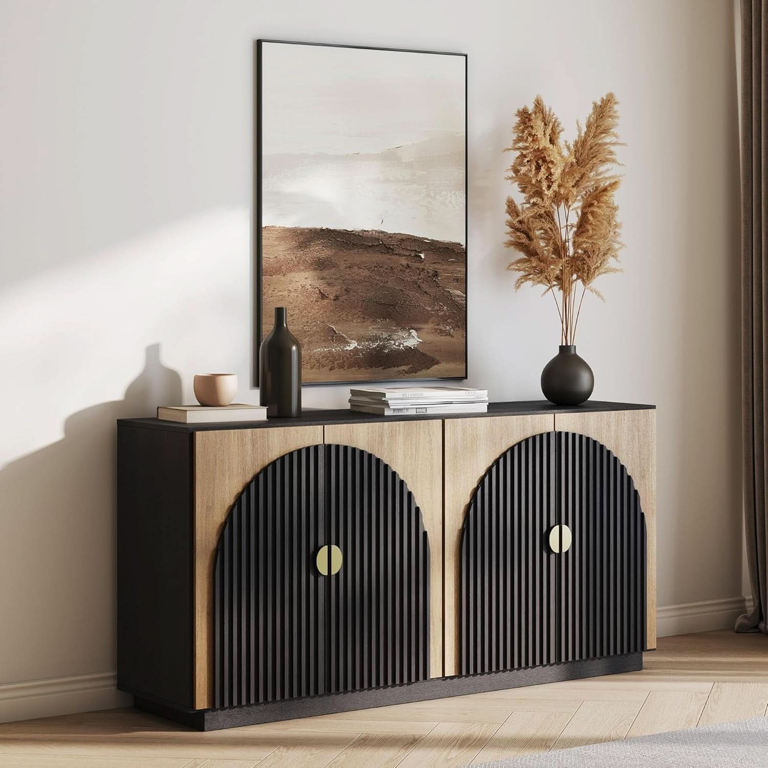 65 Inch Fluted Buffet Cabinet With Storage In Camel
