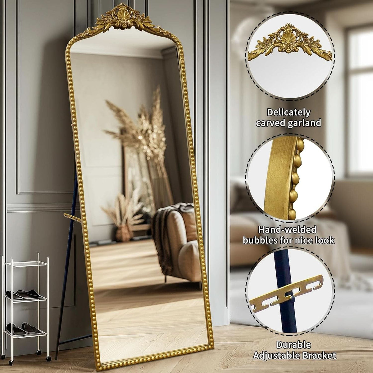 65 Inch Gold Baroque Full Length Floor Mirror Ornate Antique