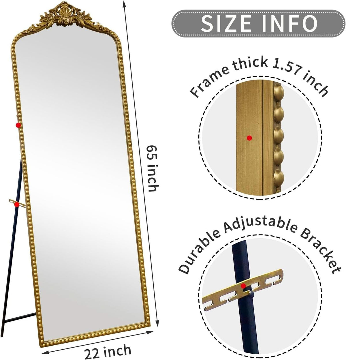 65 Inch Gold Baroque Full Length Floor Mirror Ornate Antique