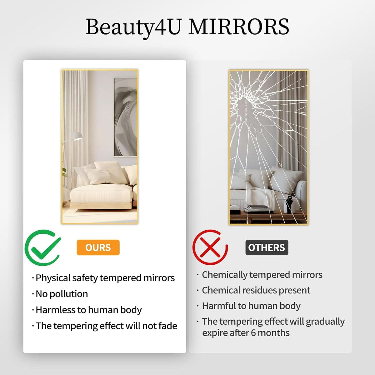 65 Inch Gold Full Length Mirror With Stand Tempered Glass