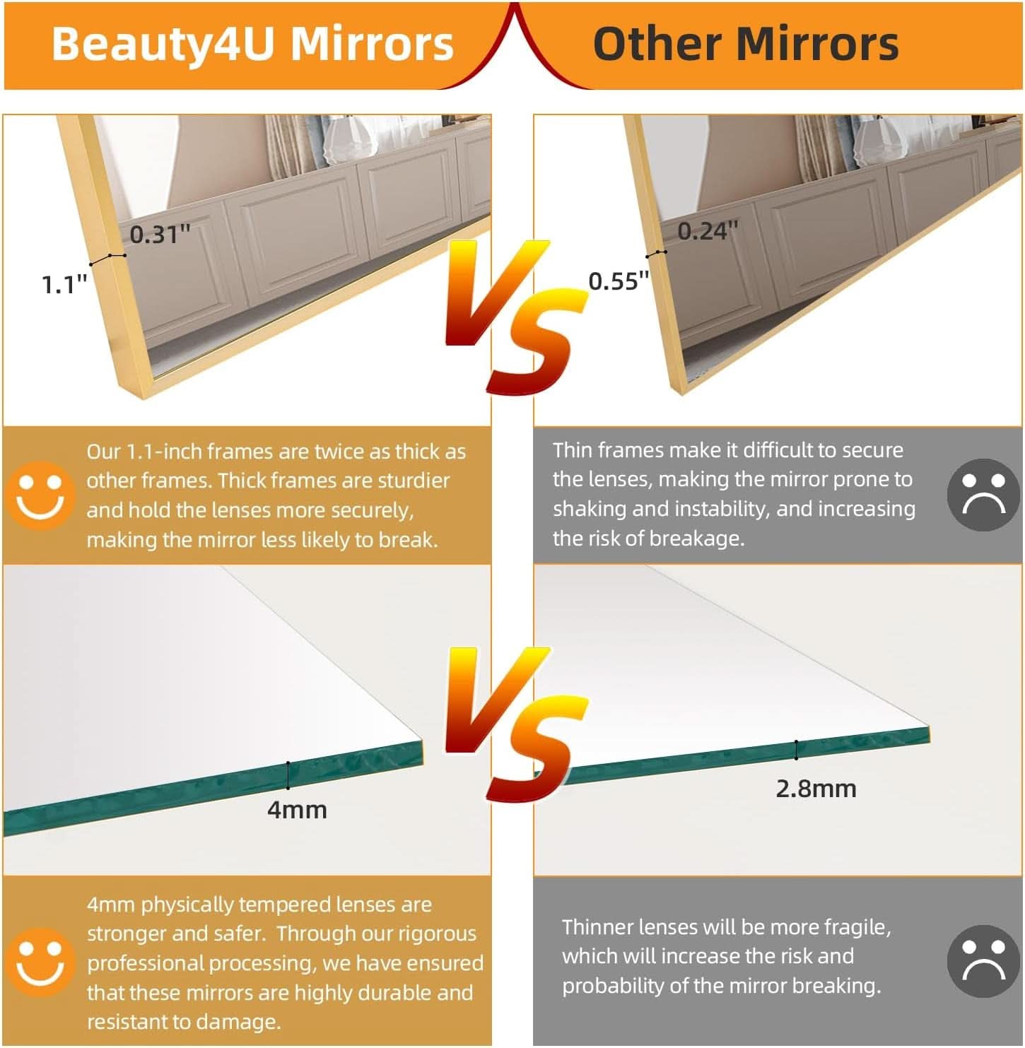 65 Inch Gold Full Length Mirror With Stand Tempered Glass