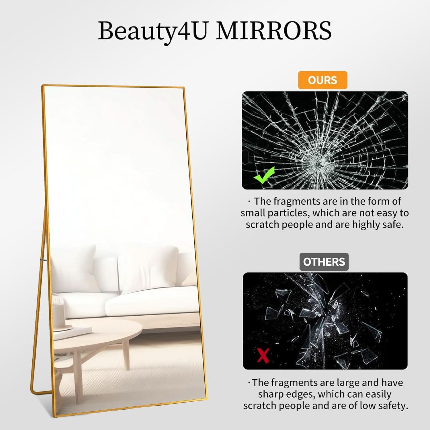 65 Inch Gold Full Length Mirror With Stand Tempered Glass
