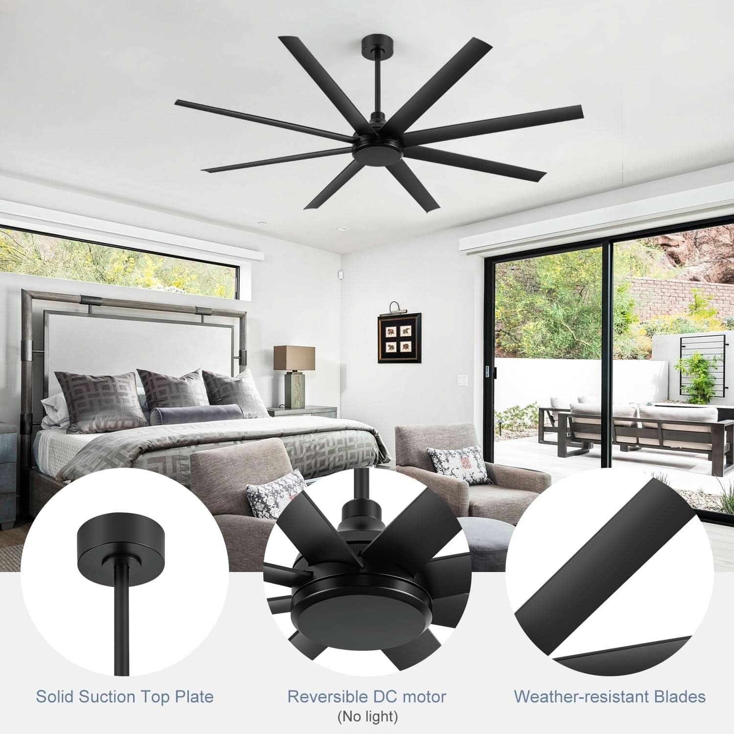 65 Inch Matte Black Ceiling Fan With Remote Quiet DC Motor