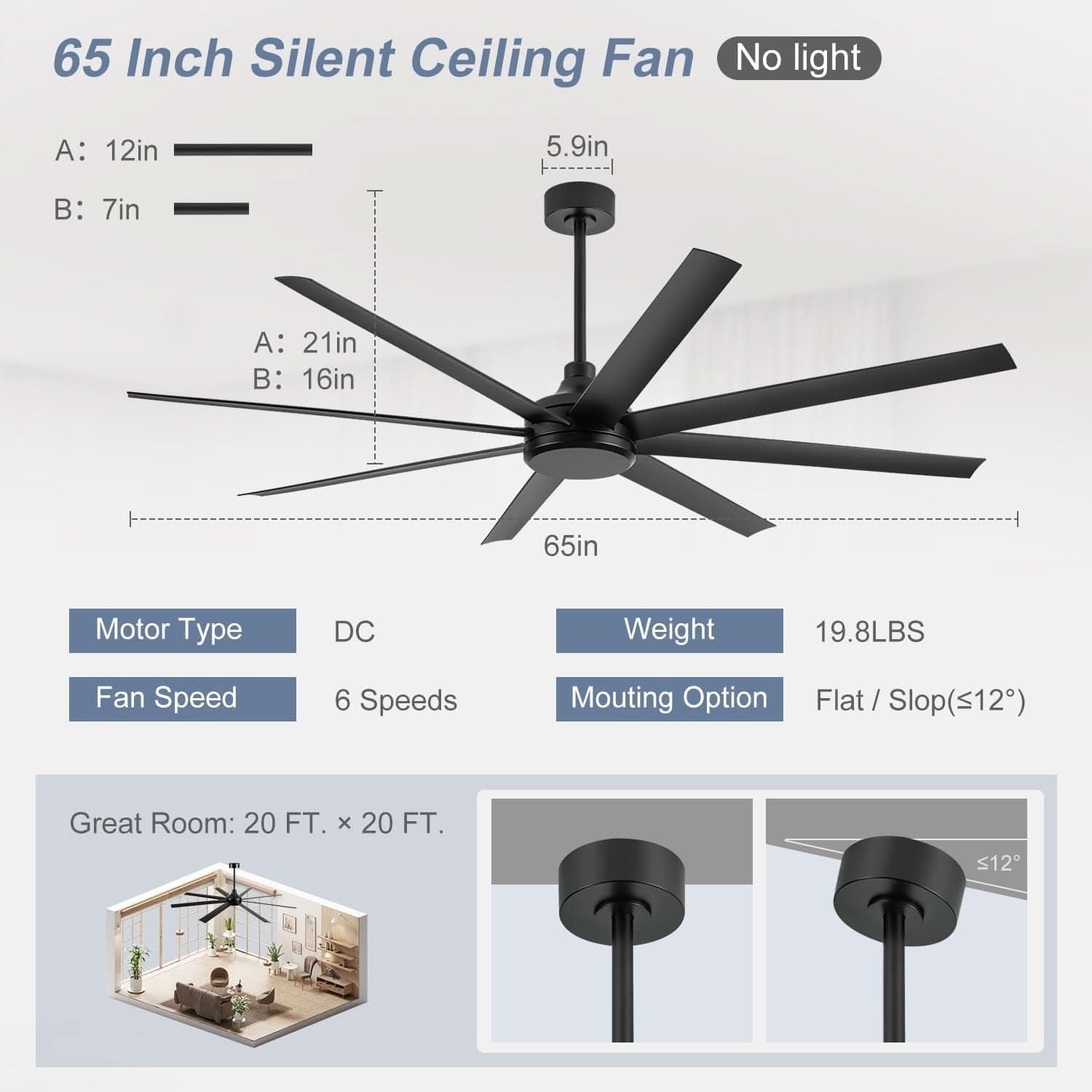 65 Inch Matte Black Ceiling Fan With Remote Quiet DC Motor