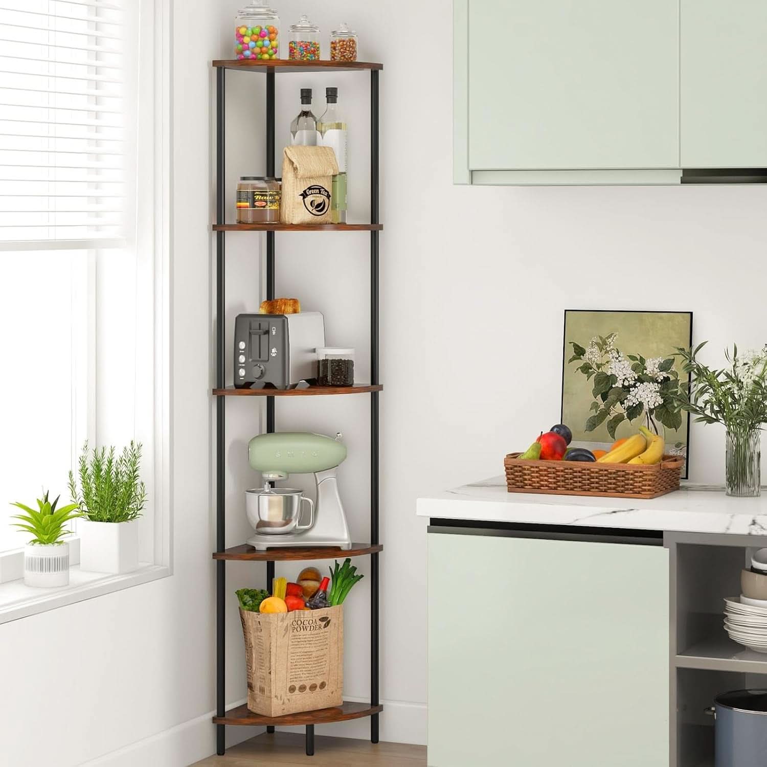 65 Inch Rustic Corner Shelf Stand 5 Tier Bookshelf
