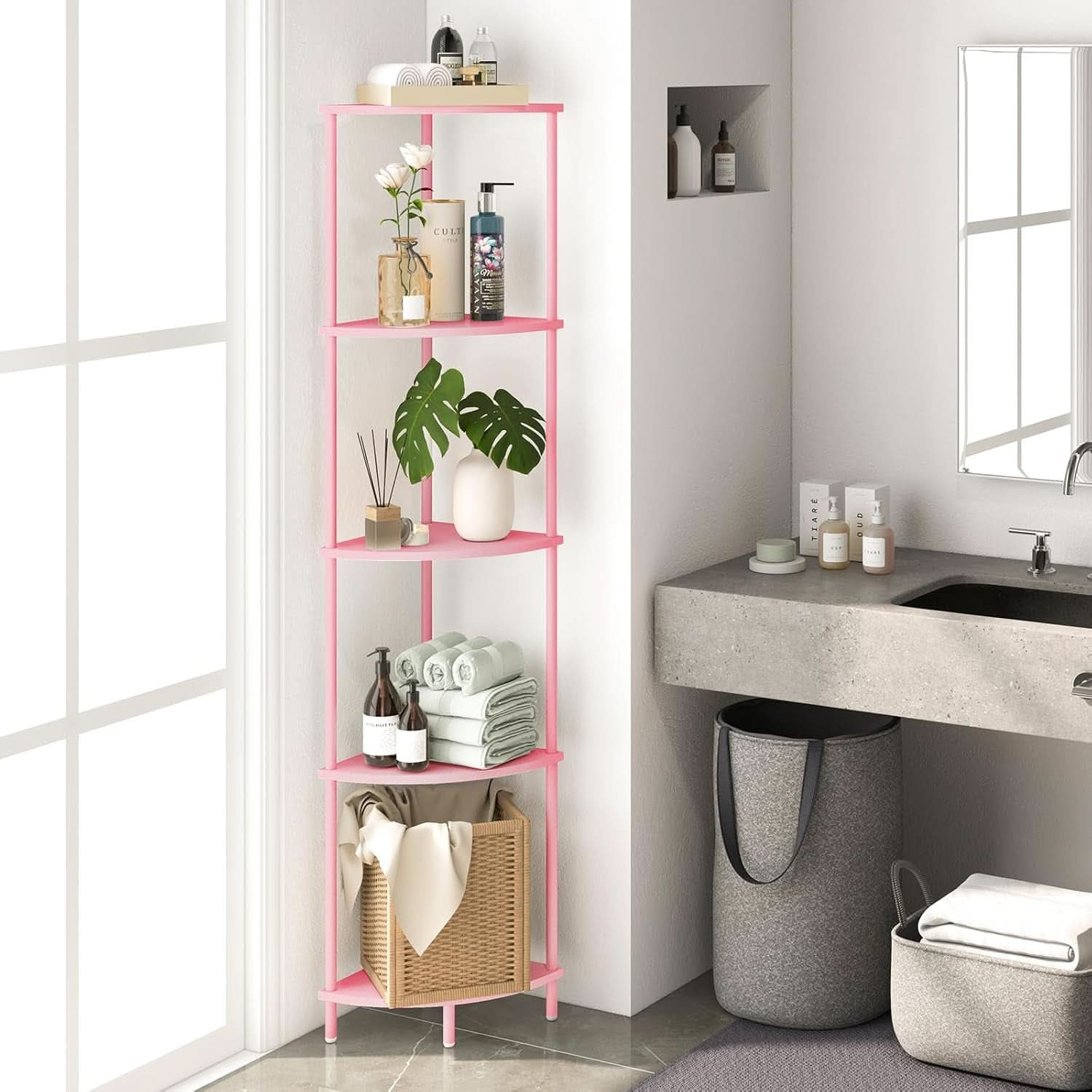65 Inch Rustic Corner Shelf Stand 5 Tier Display Shelves