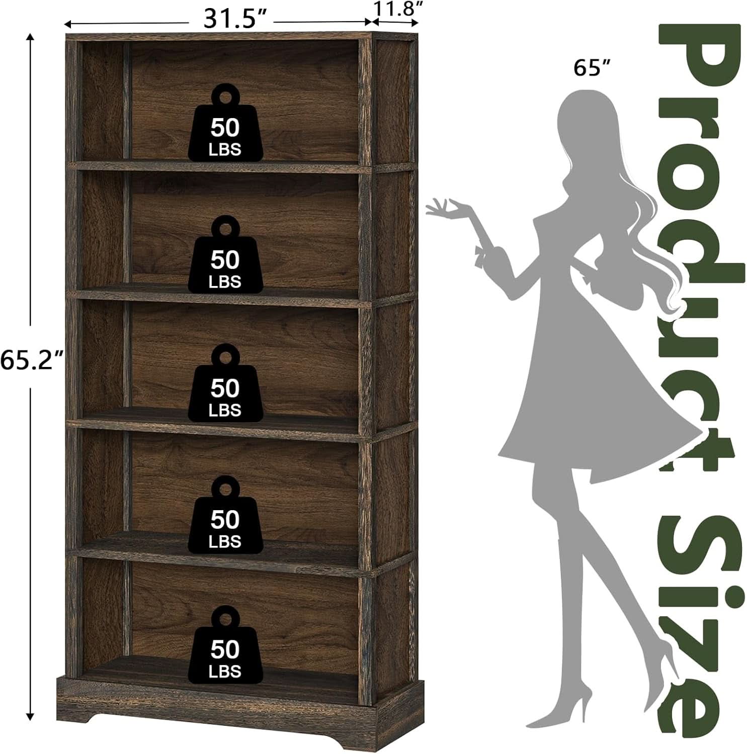 65 Inch Solid Hardwood Bookshelf With Five Tier Open