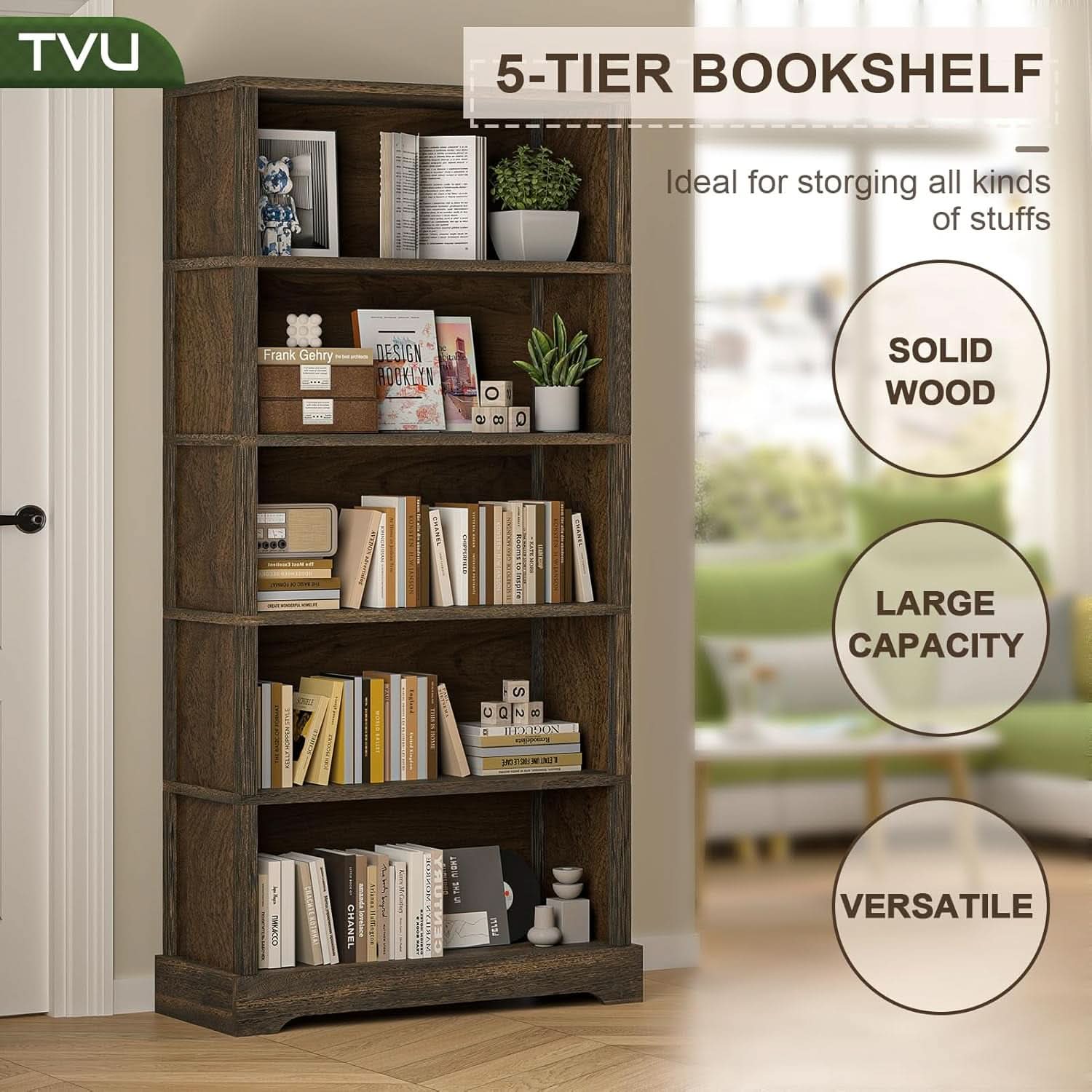 65 Inch Solid Hardwood Bookshelf With Five Tier Open
