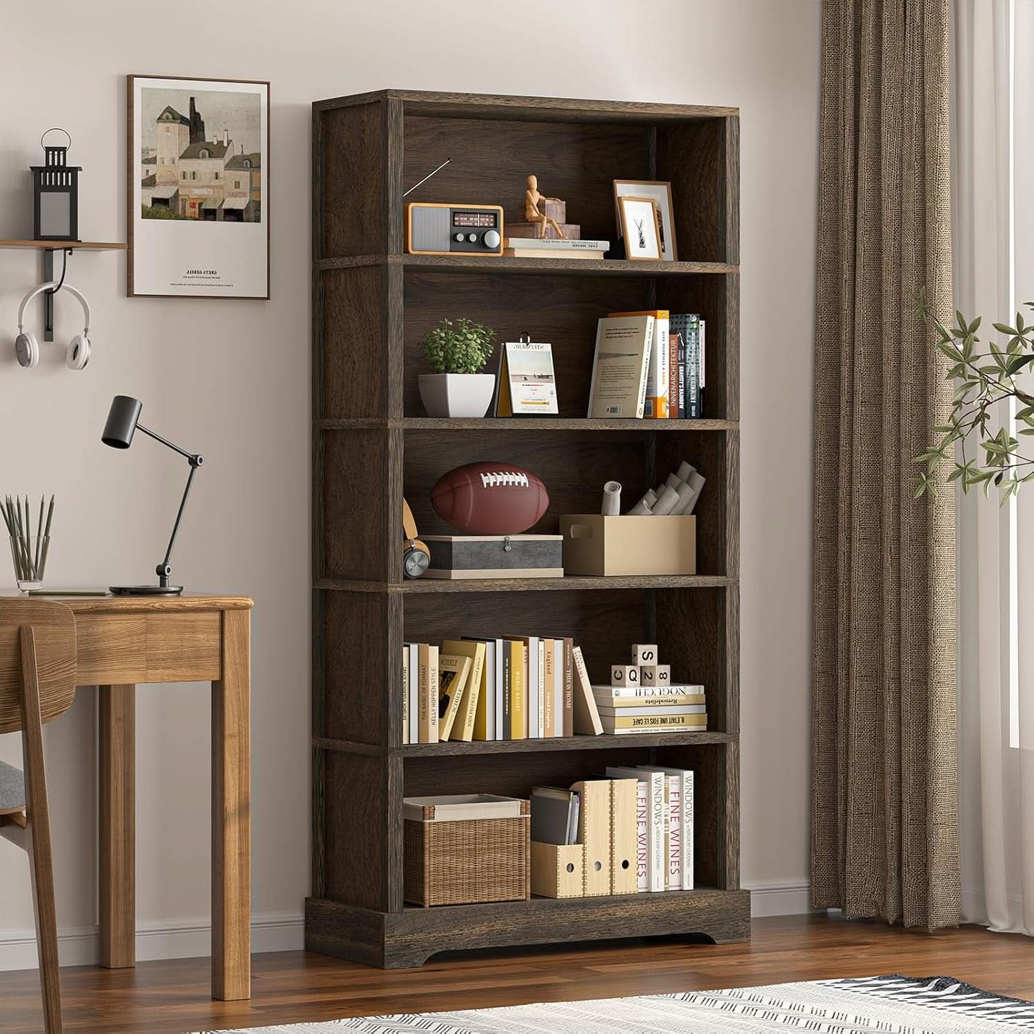 65 Inch Solid Hardwood Bookshelf With Five Tier Open