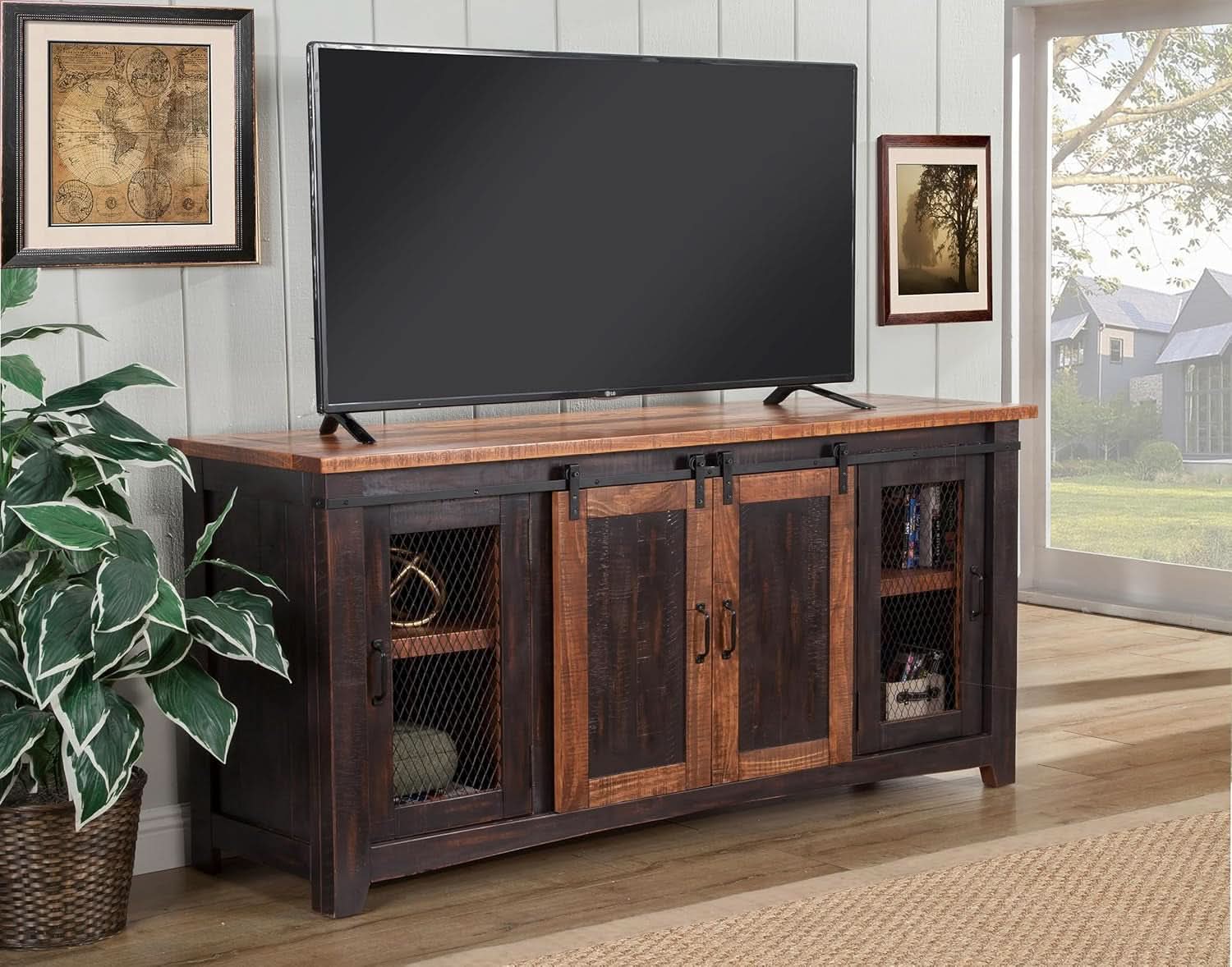 65 Inch Solid Wood TV Stand Antique Black Distressed Pine