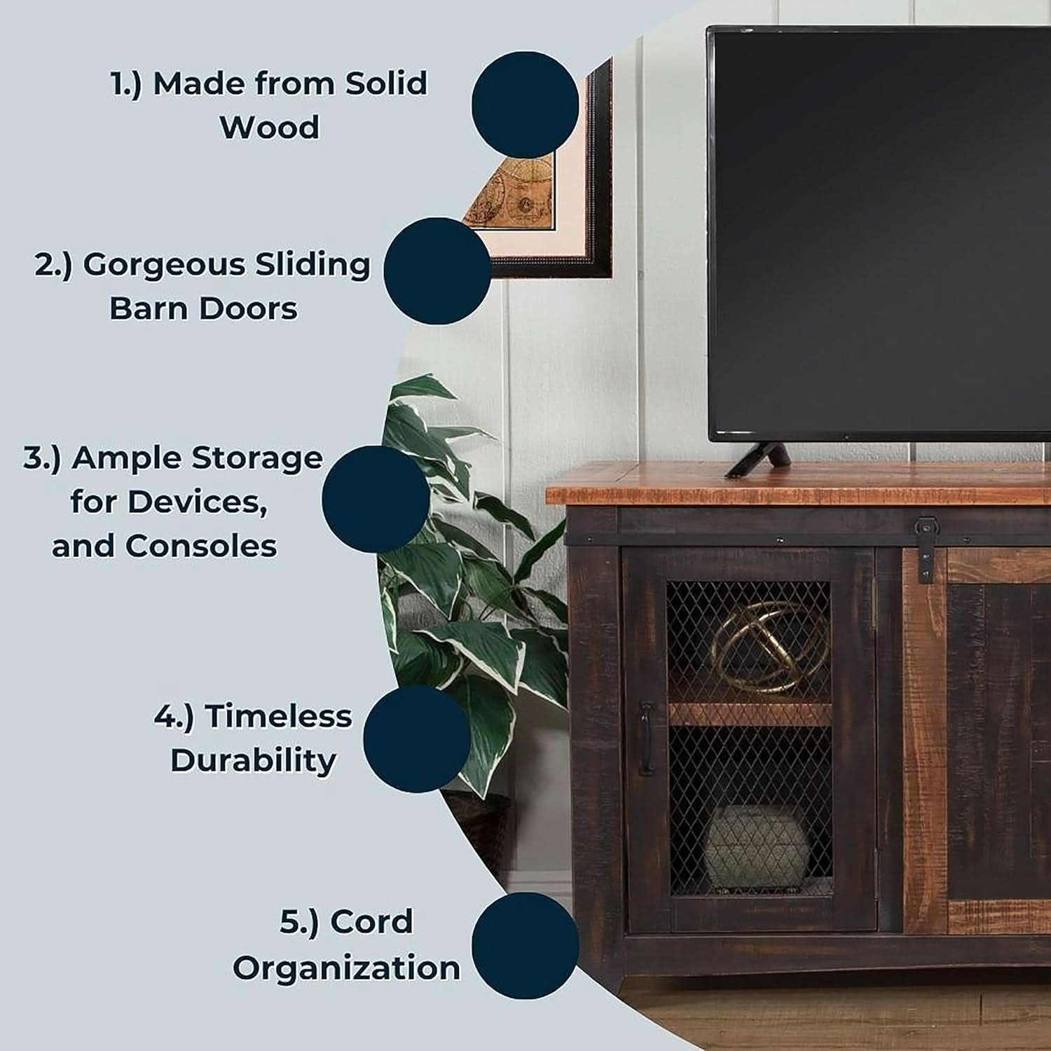 65 Inch Solid Wood TV Stand Antique Black Distressed Pine