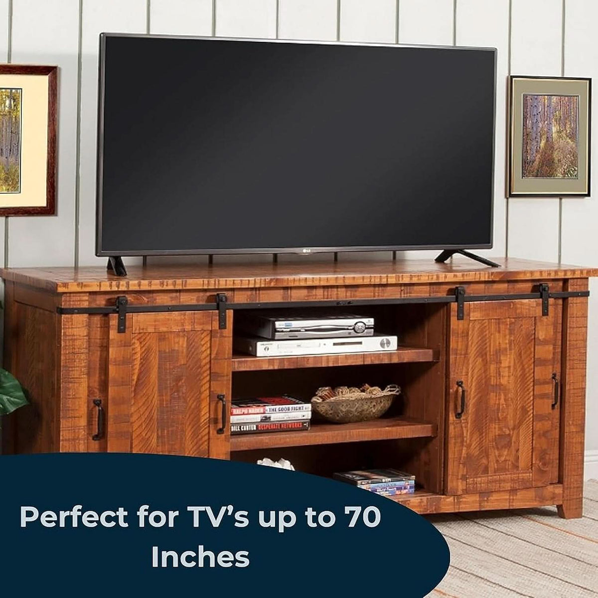 65 Inch Solid Wood TV Stand Honey Tobacco With Rustic Doors