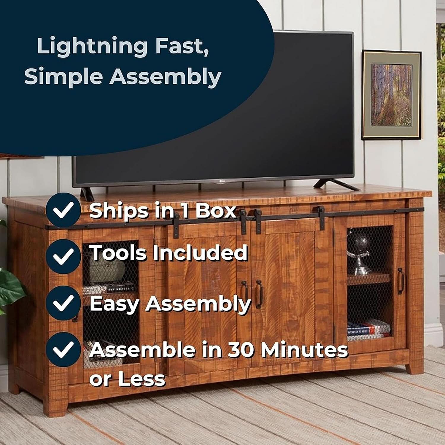 65 Inch Solid Wood TV Stand Honey Tobacco With Rustic Doors