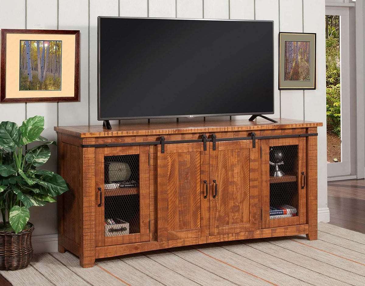 65 Inch Solid Wood TV Stand Honey Tobacco With Rustic Doors