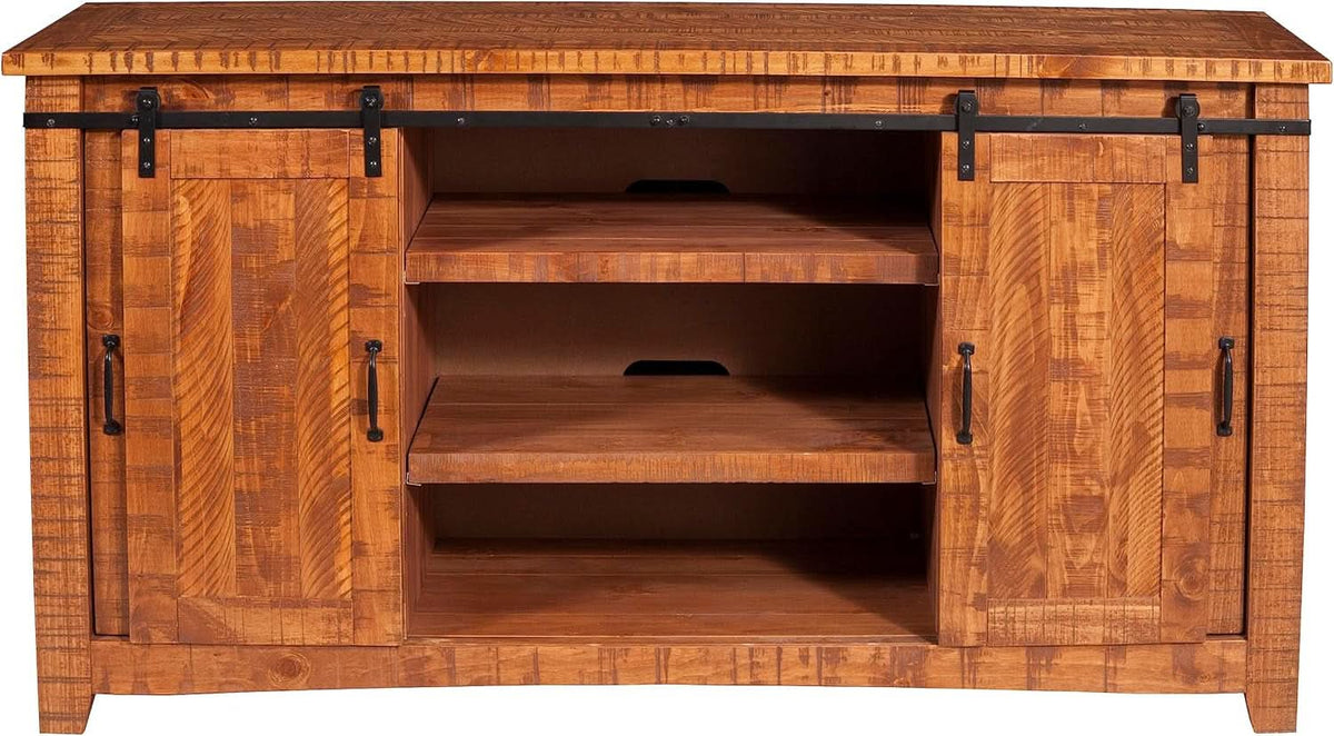 65 Inch Solid Wood TV Stand Honey Tobacco With Rustic Doors