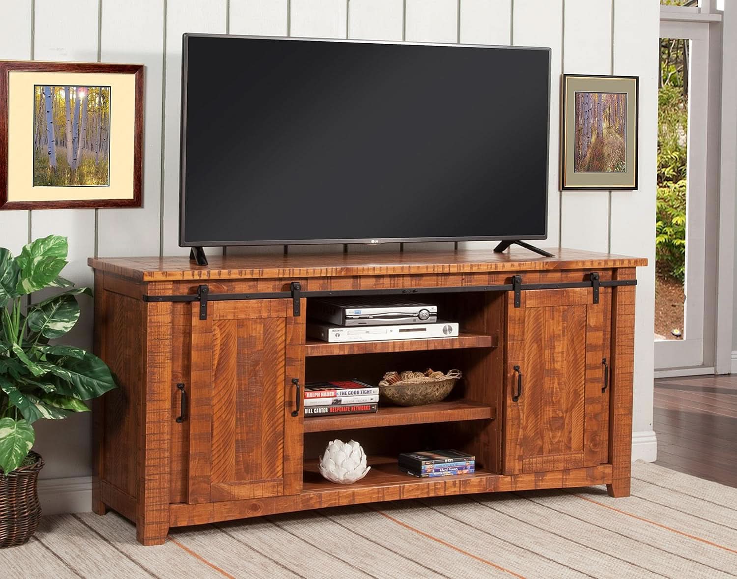 65 Inch Solid Wood TV Stand Honey Tobacco With Rustic Doors