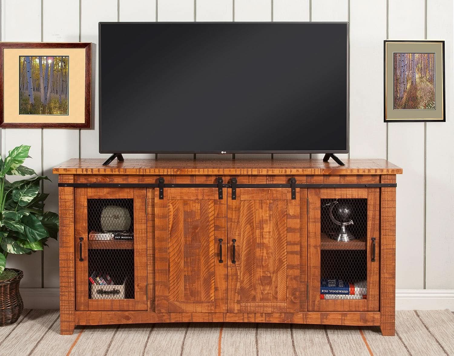 65 Inch Solid Wood TV Stand Honey Tobacco With Rustic Doors
