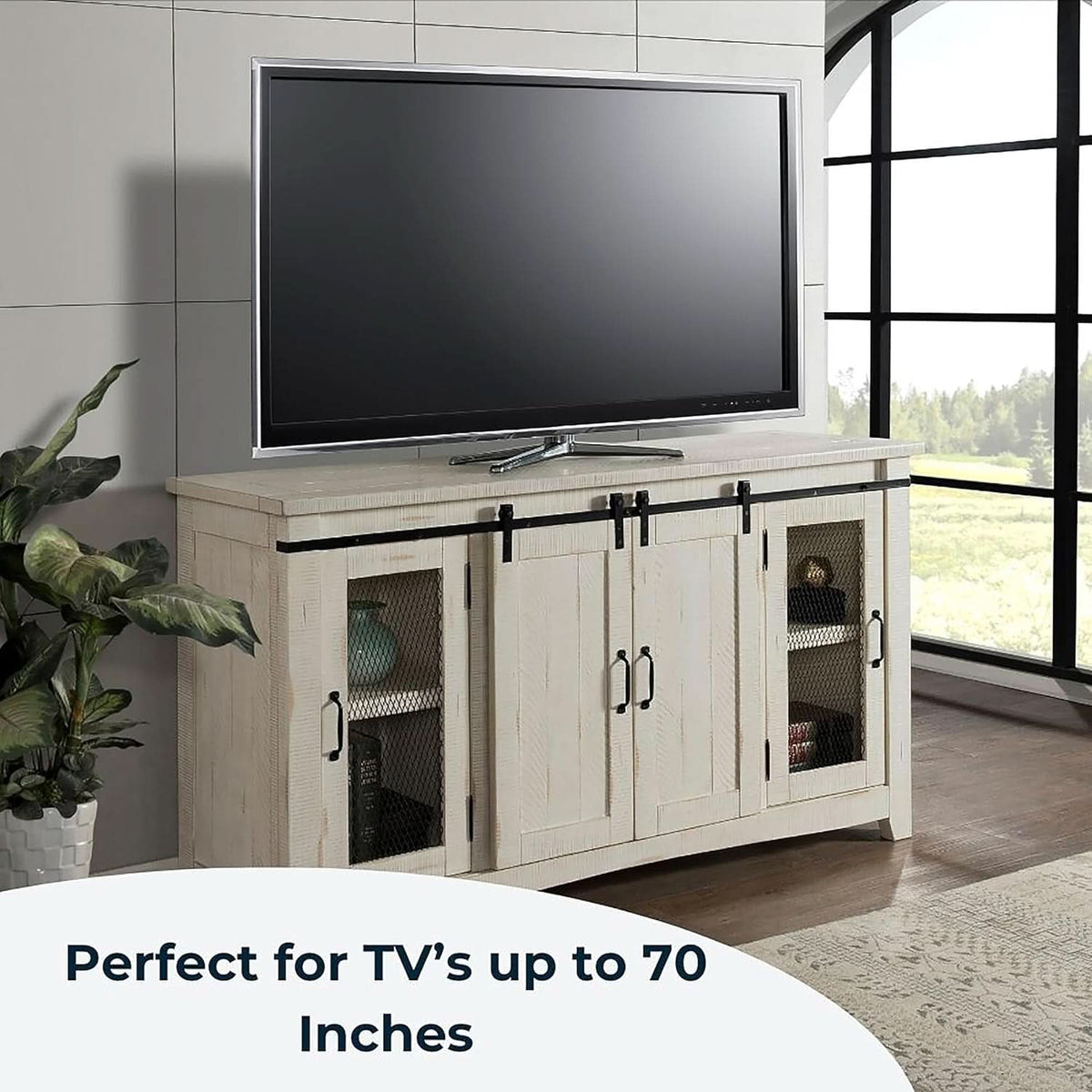 65 Inch Solid Wood TV Stand In Antique White With Storage