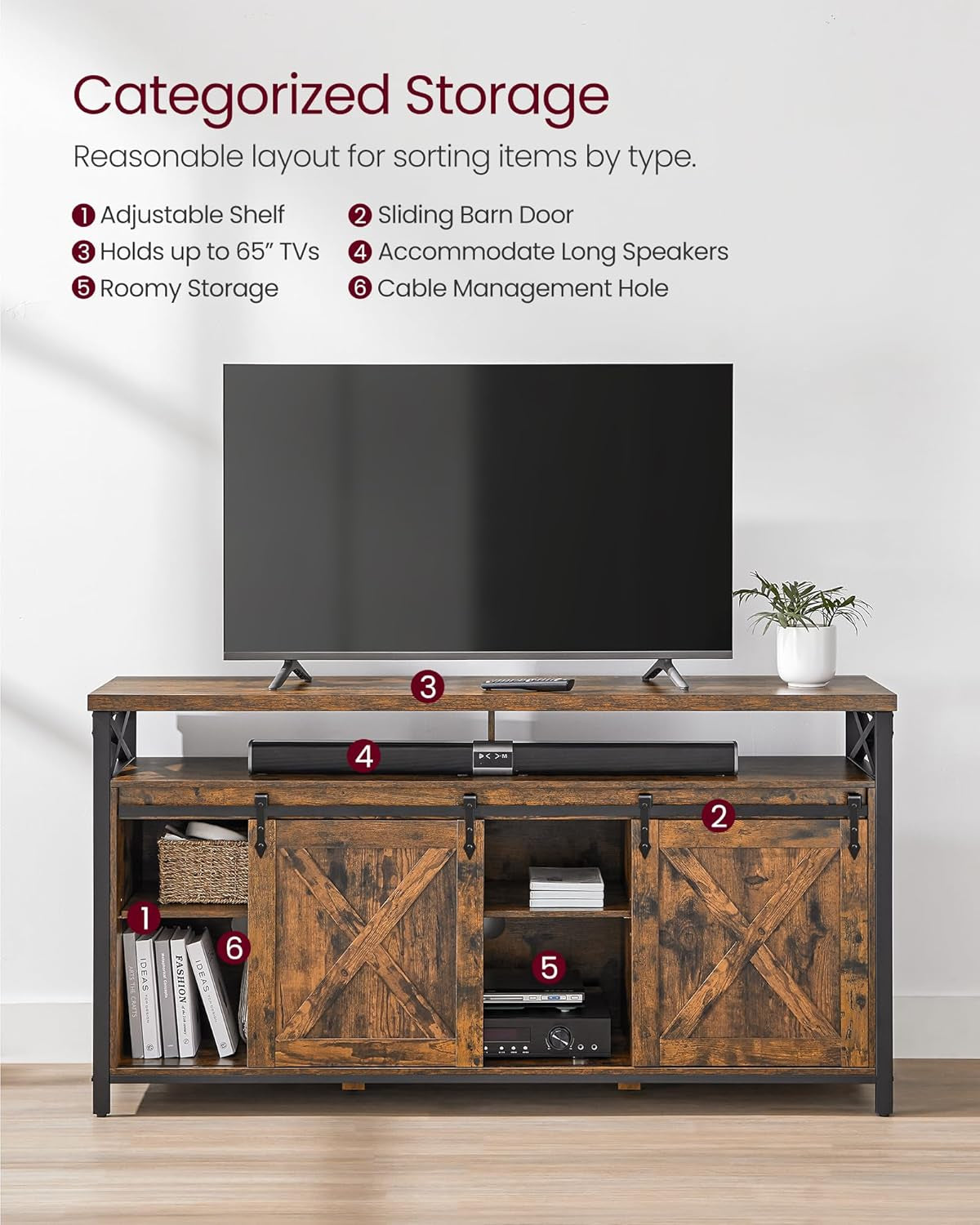 65 Inch TV Stand With Adjustable Shelves Brown And Black