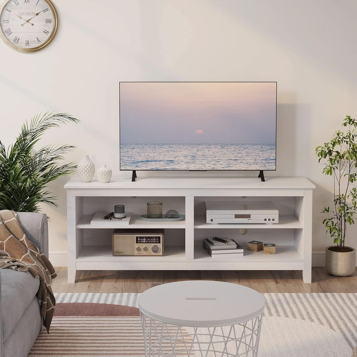 65 Inch TV Stand With Open Storage Shelves White Cabinet