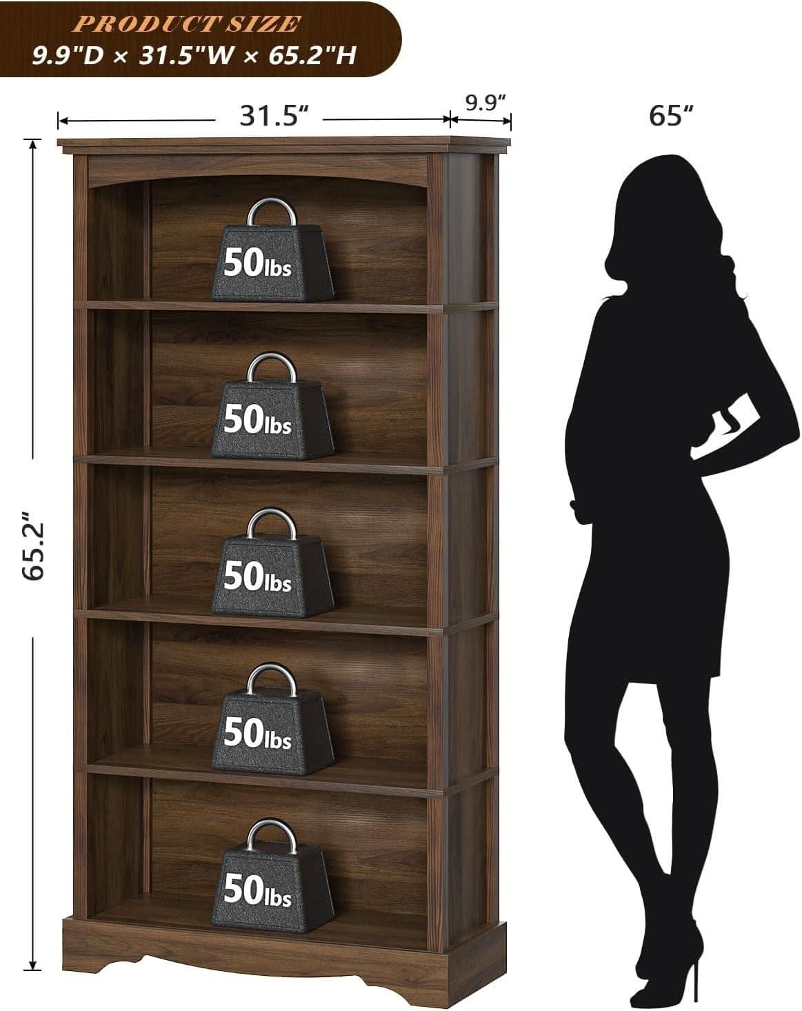 65-Inch Tall Brown Wooden Bookshelf With Five Tiers