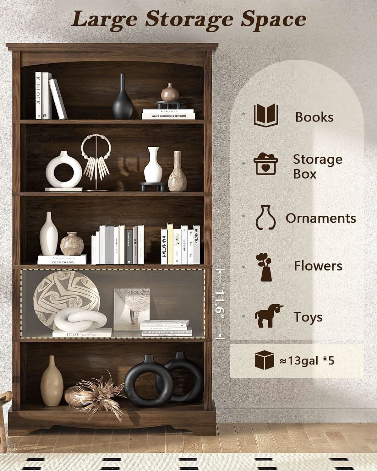 65-Inch Tall Brown Wooden Bookshelf With Five Tiers