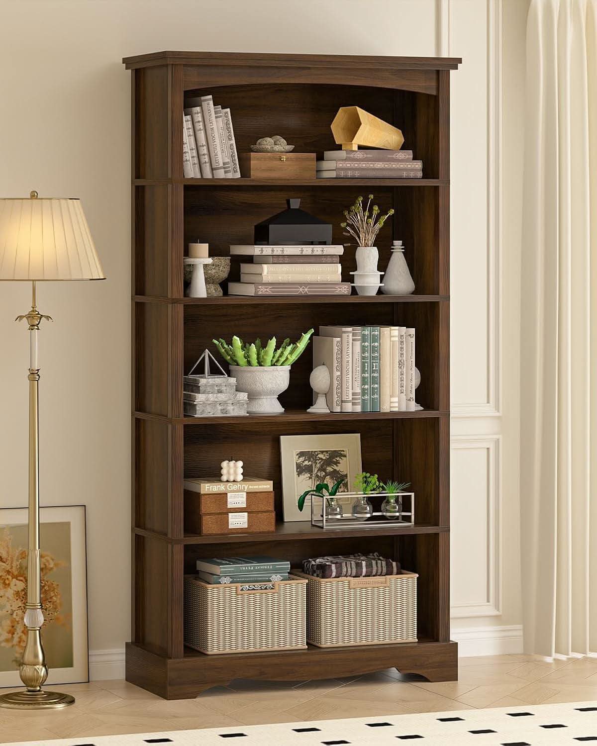 65-Inch Tall Brown Wooden Bookshelf With Five Tiers