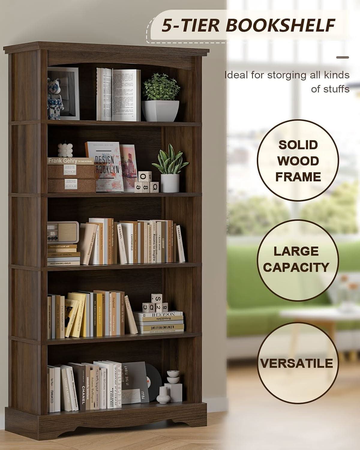 65-Inch Tall Brown Wooden Bookshelf With Five Tiers