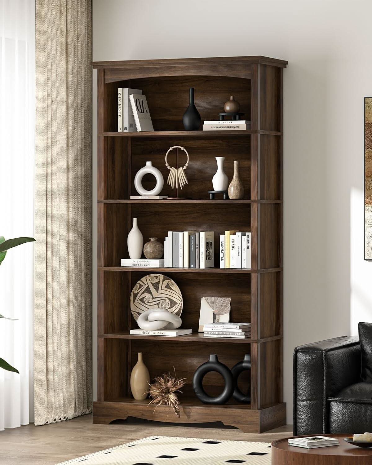 65-Inch Tall Brown Wooden Bookshelf With Five Tiers