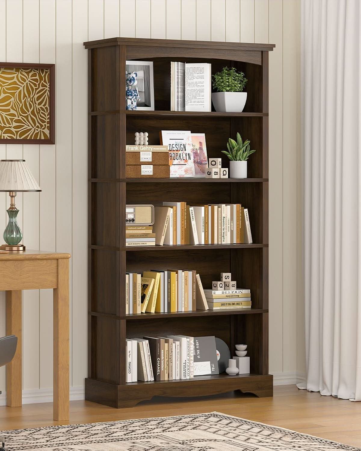 65-Inch Tall Brown Wooden Bookshelf With Five Tiers