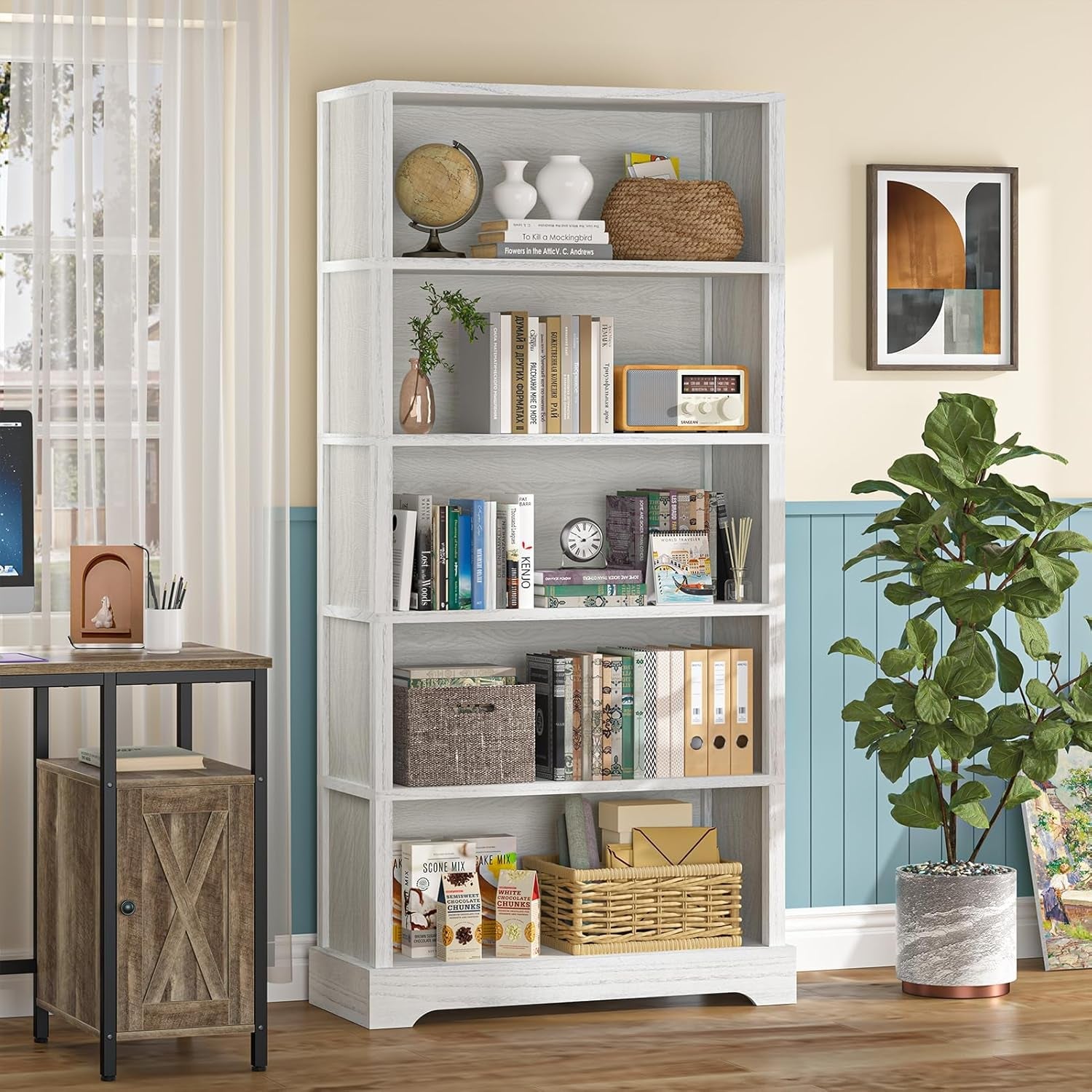 65 Inch Tall Wood Bookcase With Five Shelves Floor Standing