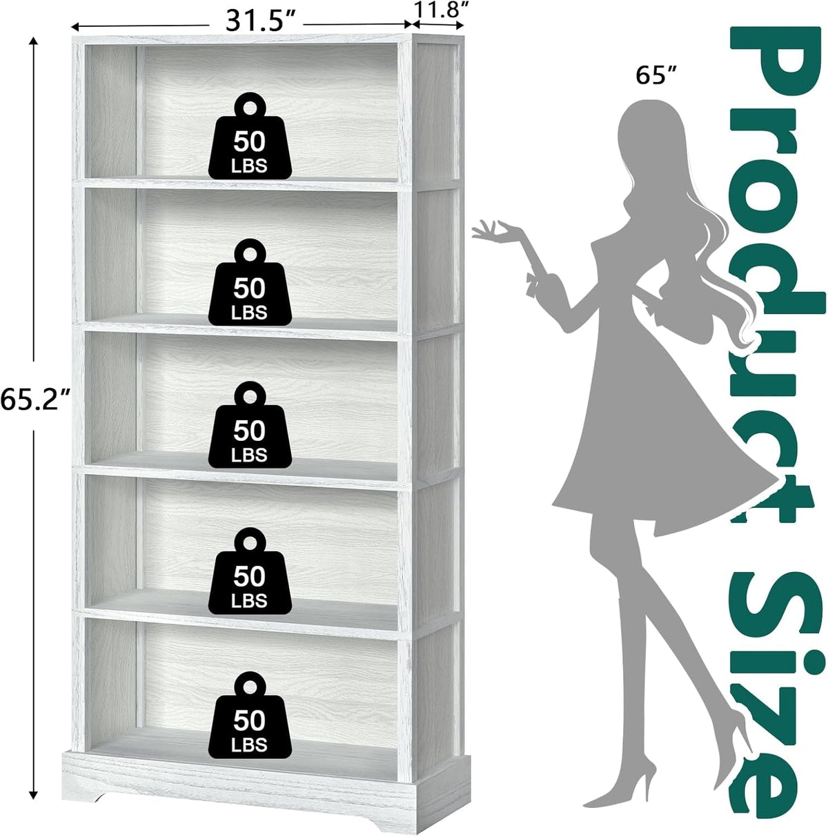 65 Inch Tall Wood Bookcase With Five Shelves Floor Standing