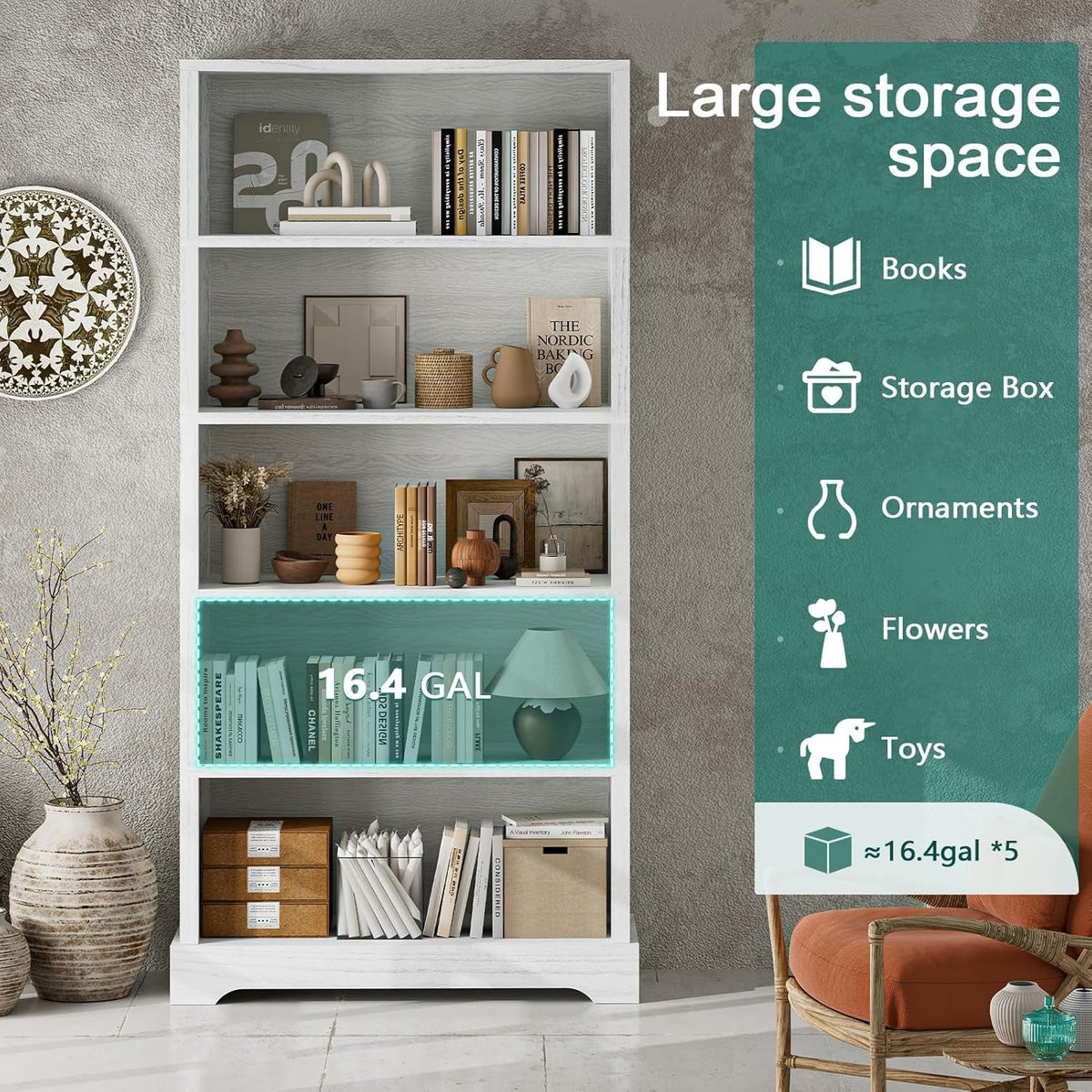 65 Inch Tall Wood Bookcase With Five Shelves Floor Standing